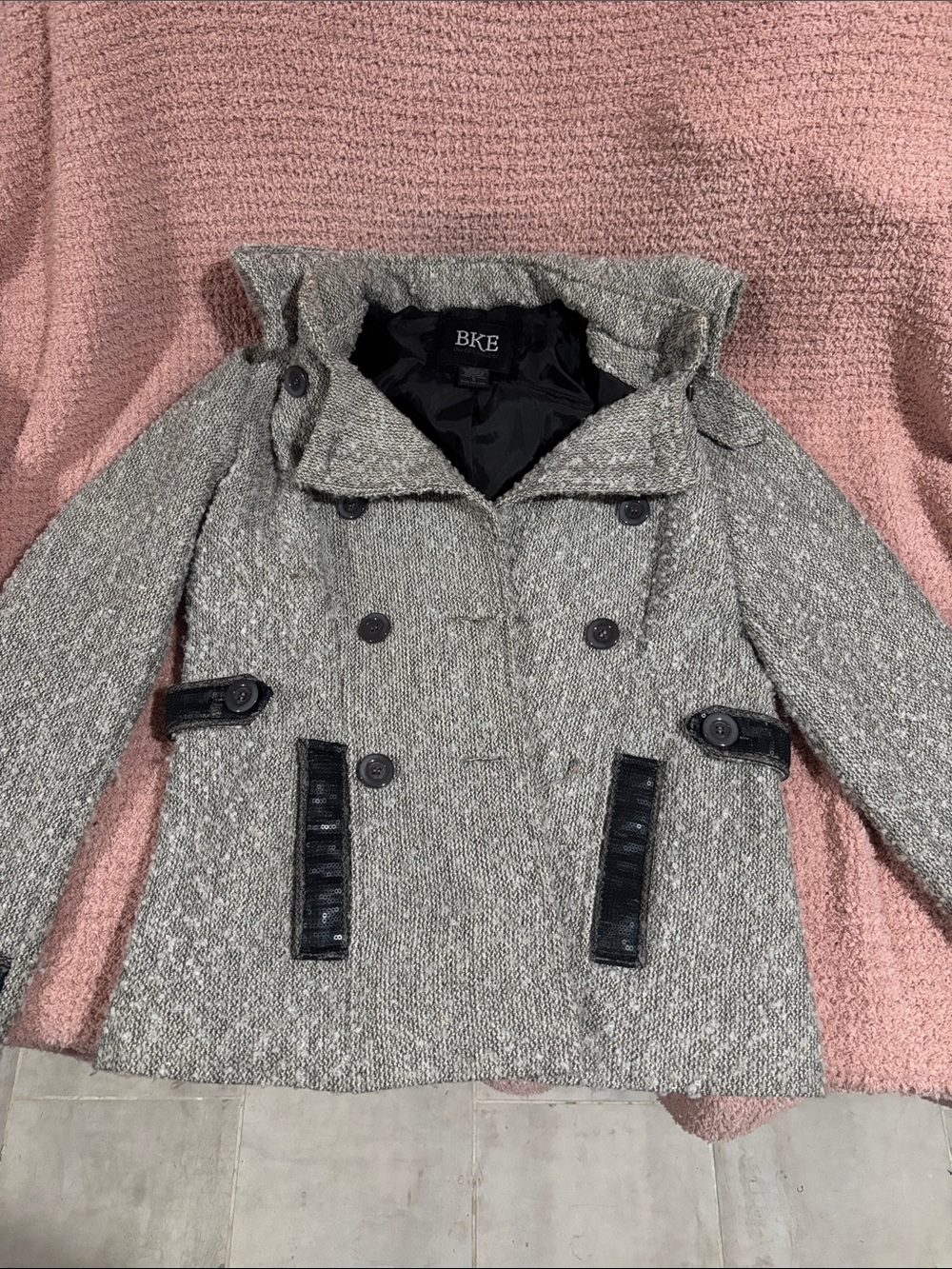 BKE Gray Tweed Double-Breasted Peacoat with Black Trim
